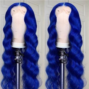150% Density Transparent Lace Wigs Body Wave Colored Human Hair Wigs Peruvian Remy 4x4 Closure Wig Blue Ombre Lace Front Wig - Image 3