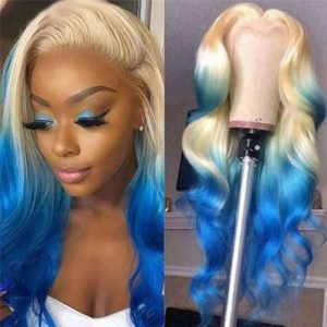 150% Ombre Blonde Lace Front Wig Human Hair Body Wave Brazilian Blonde Blue Colored Wigs For Women Human Hair Wigs Pre Plucked - Image 3