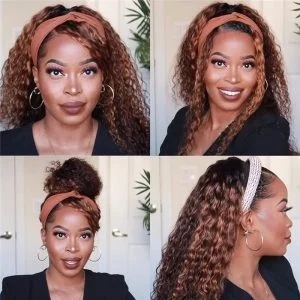 Alternative view of Highlighted Blonde  HeadBand Wig Curly Human Hair Wigs for Black Women Brazilian 10A Human Hair None Lace Front Water Wave Wigs Machine Made Wigs