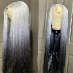 Alternative view of Straight Grey Human Hair Wig Ombre Colored Human Hair Wigs Brazilian Silver Grey 613 Lace Frontal Wig Human Hair Bleached Knots