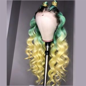 Peruvian Hair Green With Yellow Ombre Color Lace Front Wig Body Wave