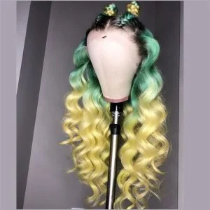 Peruvian Hair Green With Yellow Ombre Color Lace Front Wig Body Wave