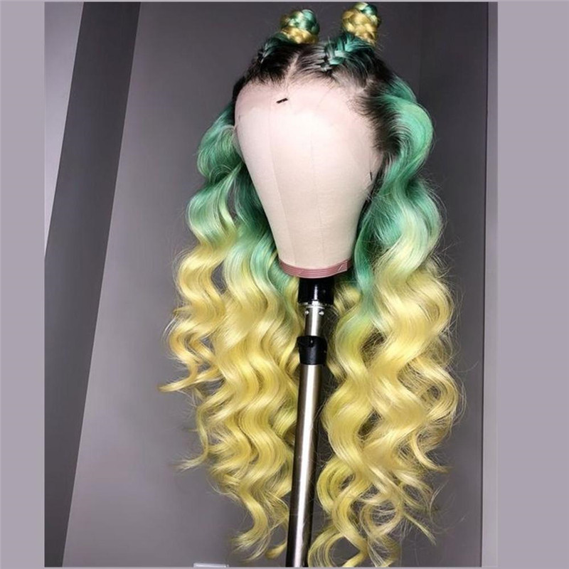 Peruvian Hair Green With Yellow Ombre Color Lace Front Wig Body Wave