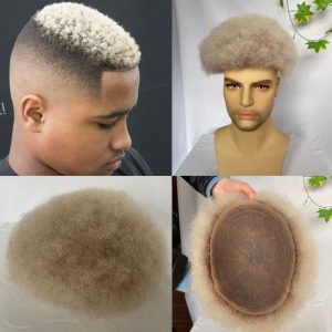 Men Toupee Human Hair Afro Curly Ombre #60 White Color Toupee for Men 8x10 inch Afro Curl Toupee for Black Men Full French Lace Hair System 360 Weave Men Toupee Hair System - Image 5