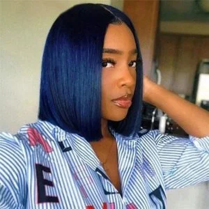 Alternative view of 150% Density  Blue Short Bob Human Hair Wigs Transparent Lace Front Wig Brazilian Remy Hair Blue Bob Lace Front Wig Pre Plucked