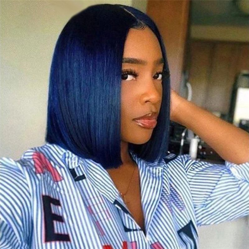 150% Density Blue Short Bob Human Hair Wigs Transparent Lace Front Wig Brazilian Remy Hair Blue Bob Lace Front Wig Pre Plucked - Image 2