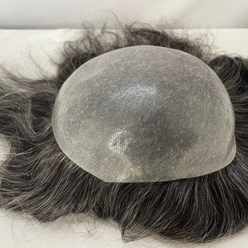 Pwigs Toupee for Men Full Thin Skin PU Cap Base 12inch Long European Human Hair Men Toupee Natural Hairline Hair System 1b Mixed with 60% White Hair Men Wigs - Image 4