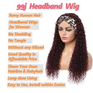 99j Headband Wig Water Wave Human Hair Red Color Headband Wigs for Black Women 10A Brazilian Red Burgundy Headband Wigs - Image 4