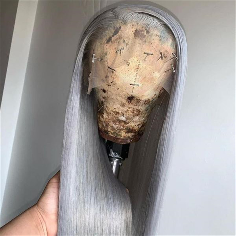 Virgin Human Hair Silver Grey Lace Front Wig Straight Style - Image 3