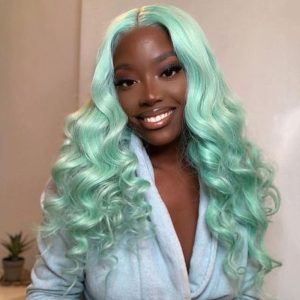 Alternative view of Transparent Lace Wigs Mint Green Colored Body Wave Human Hair Lace Wigs Brazilian Remy 28Inch Ombre Human Hair Wigs For Women