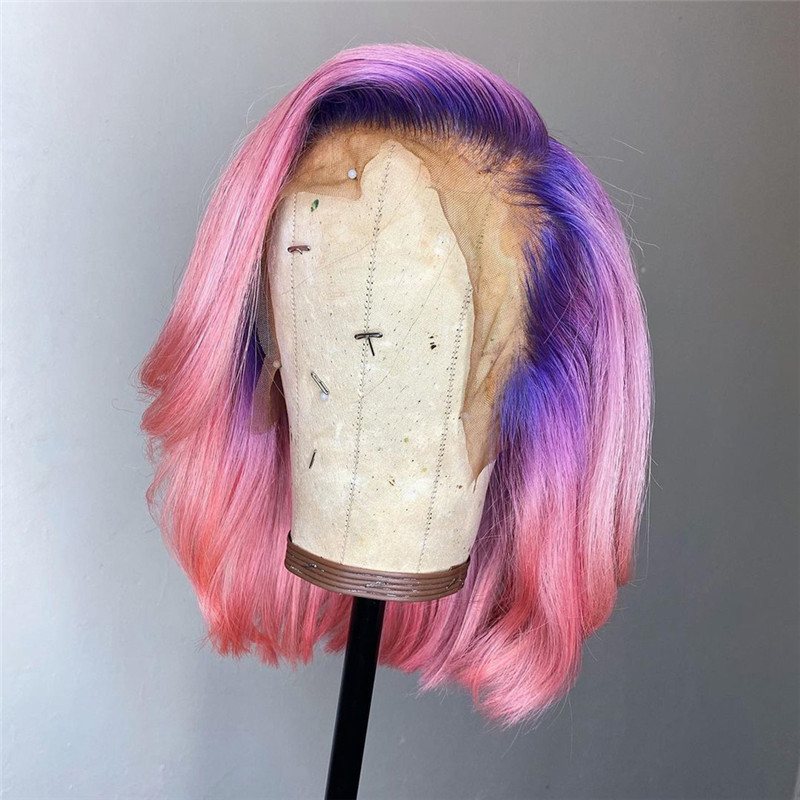 Purple Pink Lace Font Wig Human Hair Brazilian Short Bob Human Hair Wigs Straight Ombre Colored Transparent Lace Wigs 150% - Image 4