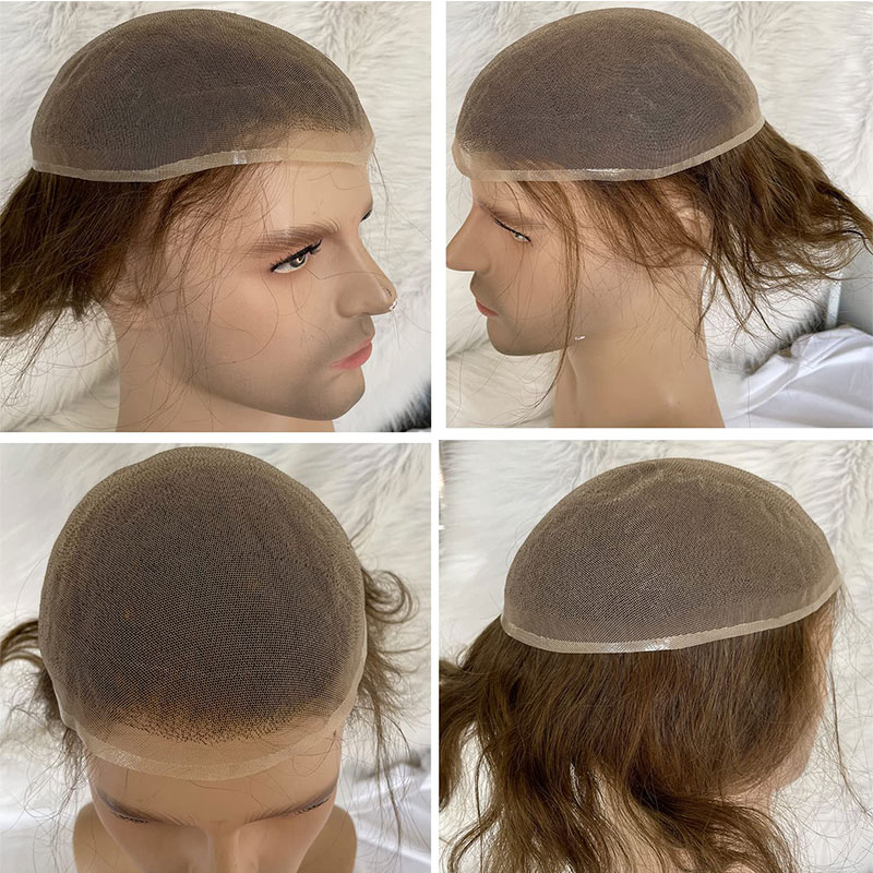 Pwigs Hairpiece Full French Lace Mens Toupee Bleached Knots Men Toupee Human Hair Wig Indian Remy Hair System Breathable 8x10 Toupee 18# Color - Image 25