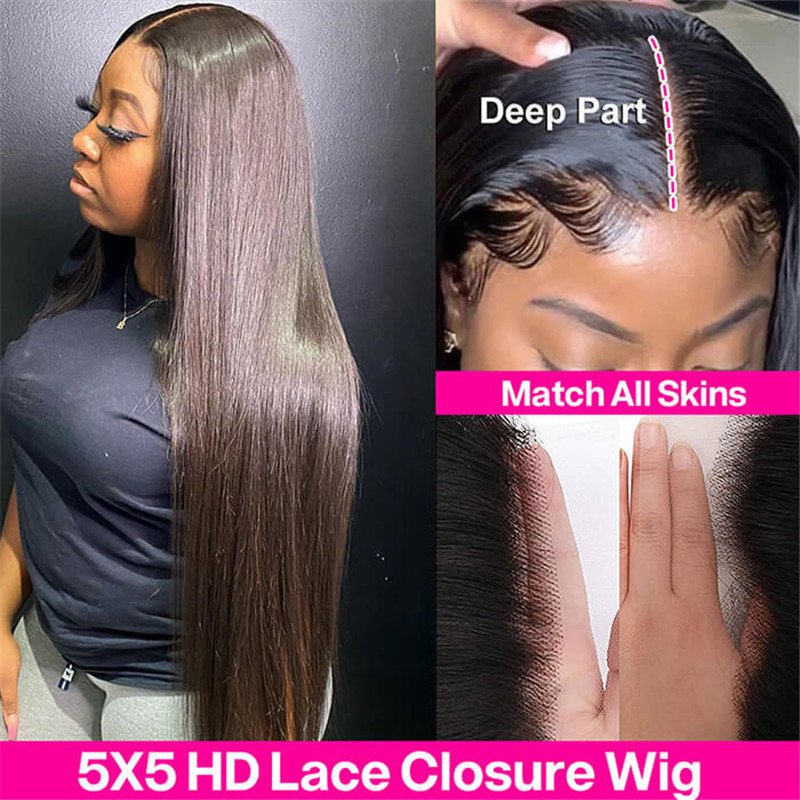 5*5 Hd Lace Closure Wigs Straight Virgin Human Hair Wig Pre Plucked For African American For Sale - Image 2