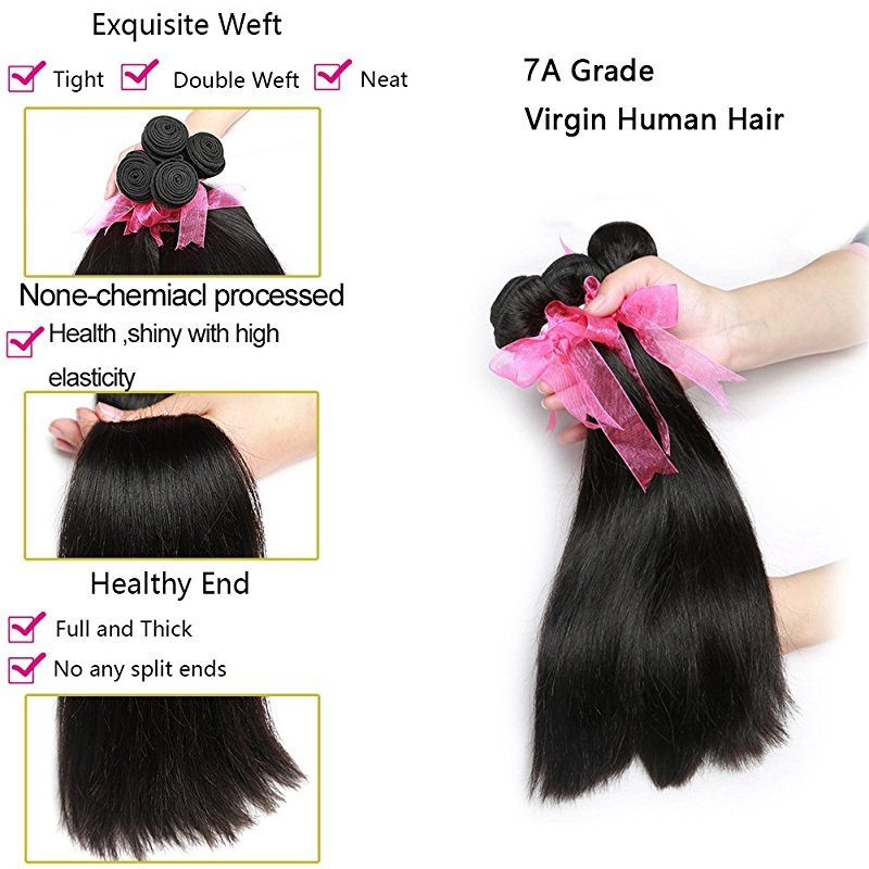 Straight Hair Bundles with Lace Closure Grade 9A Unprocessed Straight Peruvian Hair 3 Bundles and 4x4 Free Part Closures Natural Color - Image 4