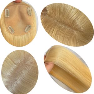 Human Hair Topper For Women Silk Base Closure 10A Virgin Brazilian Human Hair Clips Hair Topper Piano Colors Blonde 16inch Silk Straight Middle Part - Image 8