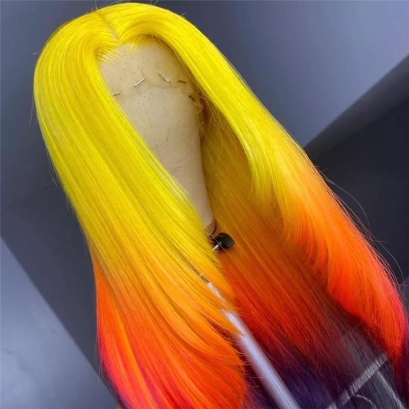 Straight Human Hair Wigs Bleached Knots Green Ombre Colored Human Hair Wigs Pre Plucked Brazilian Orange Ombre Lace Front Wig - Image 4