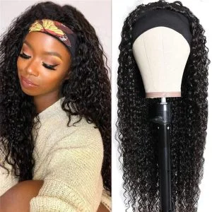 Headband Wig Human Hair Curly Headband Wig Glueless None Lace Front Wigs Machine Made Wigs,18 inch Virgin Human Hair Headbands wig for Black Women