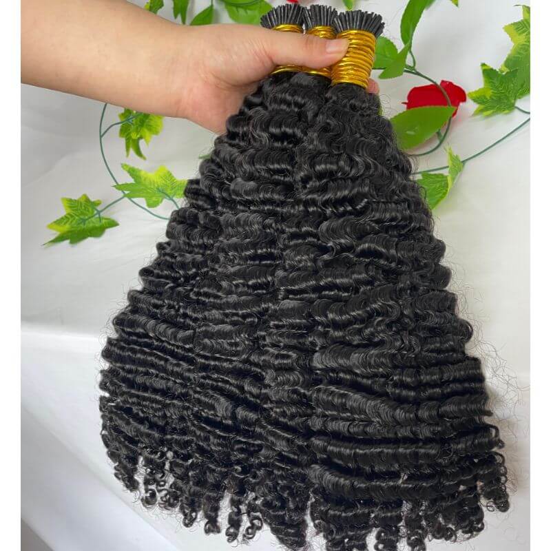3B 3C Camodian Hair Kinky Curly Microlinks Human Hair Extensions Vrigin Hair Weave Bundles I Tip Hair Extensions Bulk Natural Black Color