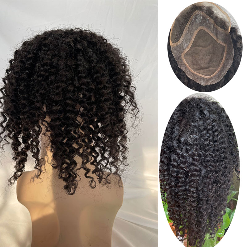 12inch Mens Toupee Human Hair Topper Hairpiece for Men Curly Hair Mono Lace Replacement Wig for Men 10X8inch Kinky Curly Toupee Natural Color - Image 4