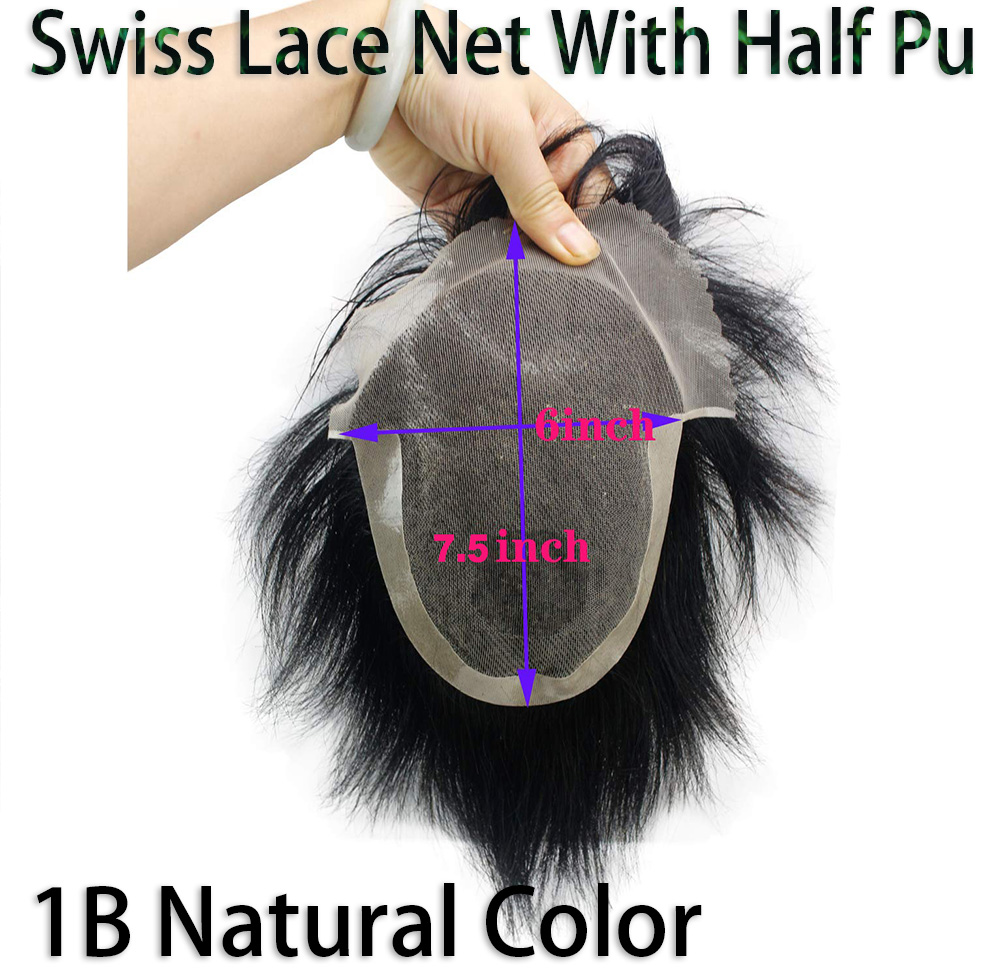 Hairpieces Replacement System For Men Swiss Lace Net With Half Pu Around Hair 100% European Remy Human Hair 10x8 - Image 11