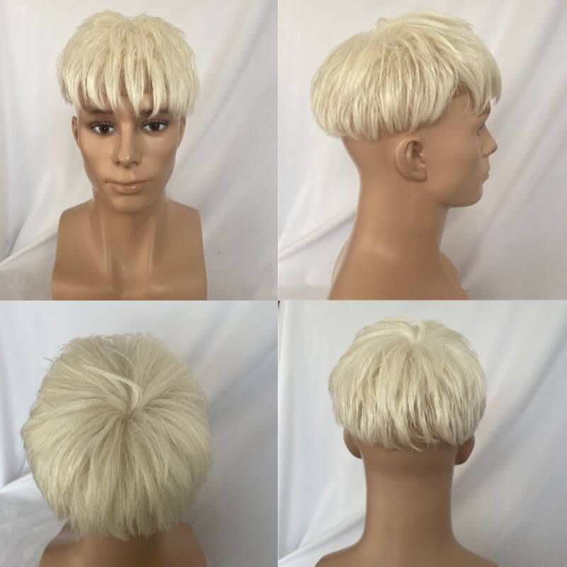 Cut Hairstyle Human Hair Piece Wigs Toupee for Men Hair Replacement System Human Hair Toupee For Men Natural Lace Front with Skin 10x8 Straight 60# Platinum Blonde Color - Image 3