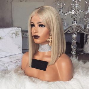 Alternative view of Glueless Lace Front Blond Human Hair Bob Wigs With Baby Hair Pre Plucked #60 Light Blonde Short Brazilian Full Lace Wigs Cap Top Grade Remy Hair