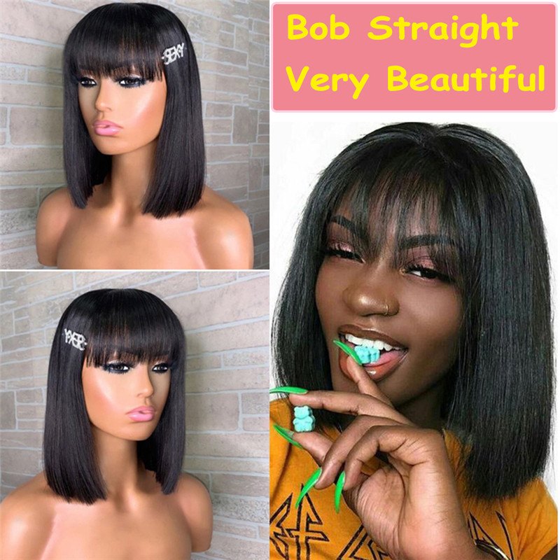 13x4 Short Bob Lace Front Human Hair Wigs With Bangs Brazilian Remy Hair Closure Wig With Bangs Bob Frontal Wigs For Women 150% - Image 3
