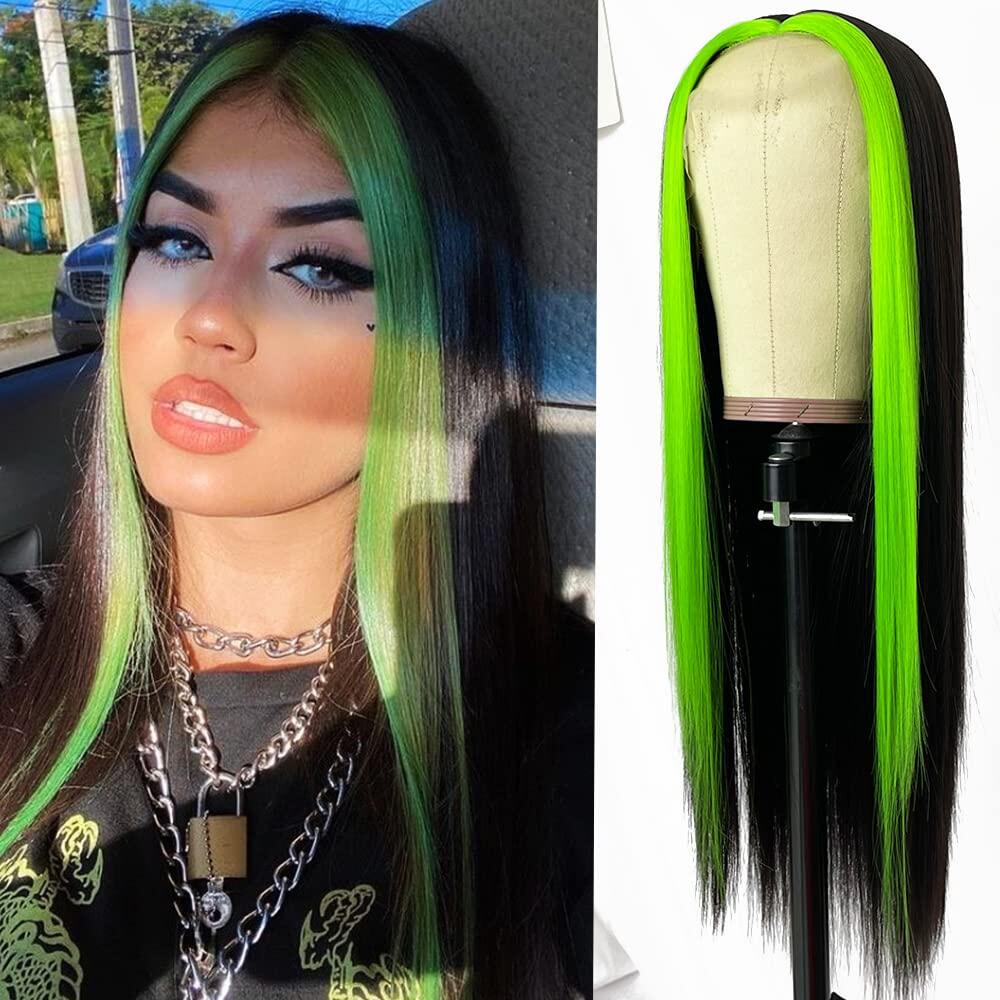Green/ Black 150% Density Straight Lace Wig Lace Front Human Hair Wigs Skunk Stripe Wigs Brazilian Remy Hair Green Highlight Wigs For Women 8-28 inch