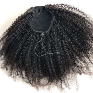 4B 4C Afro Kinky Curly Brazilian Human Hair Natural Color Pontail With Combs and Straps - Image 4