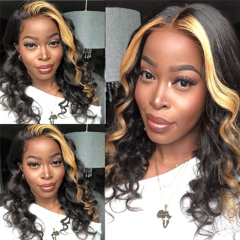 Skunk Stripe Lace Wigs Body Wave Lace Front Wig Peruvian Remy Hair Bob Wig 1B #27 Honey Blonde Colored Human Hair Wigs For Women Highlight Closure Wig - Image 4