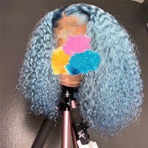 Curly Blue Colored Human Hair Wigs For Women Brazilian Remy Hair Wigs Pre Plucked Orange Ombre Lace Front Wig Transparent Wigs