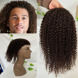 Alternative view of 12 Inch Long Kinky Curly Men's Hair 100% Human Hair Toupee for Black Men 8x10 Mono Lace with PU Hair System 3#Brown Hair Replacement