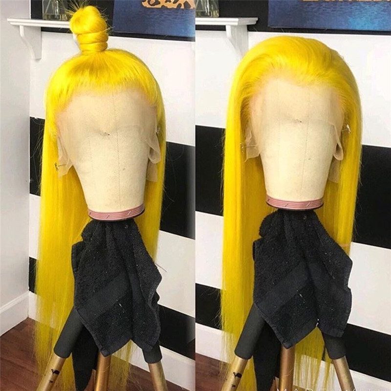 Straight Yellow Colored Human Hair Wigs For Women Brazilian Remy Hair Lace Front Wig Yellow Ombre Closure Wig Bleached Knots