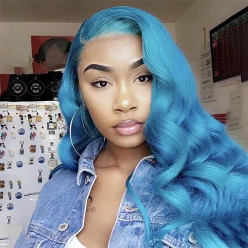 Ombre Lace Frontal Blue Human Hair Wigs For Women Brazilian Remy Colored Wigs Pre Plucked Glueless Wig 150% Body Wave Medium Cap - Image 3