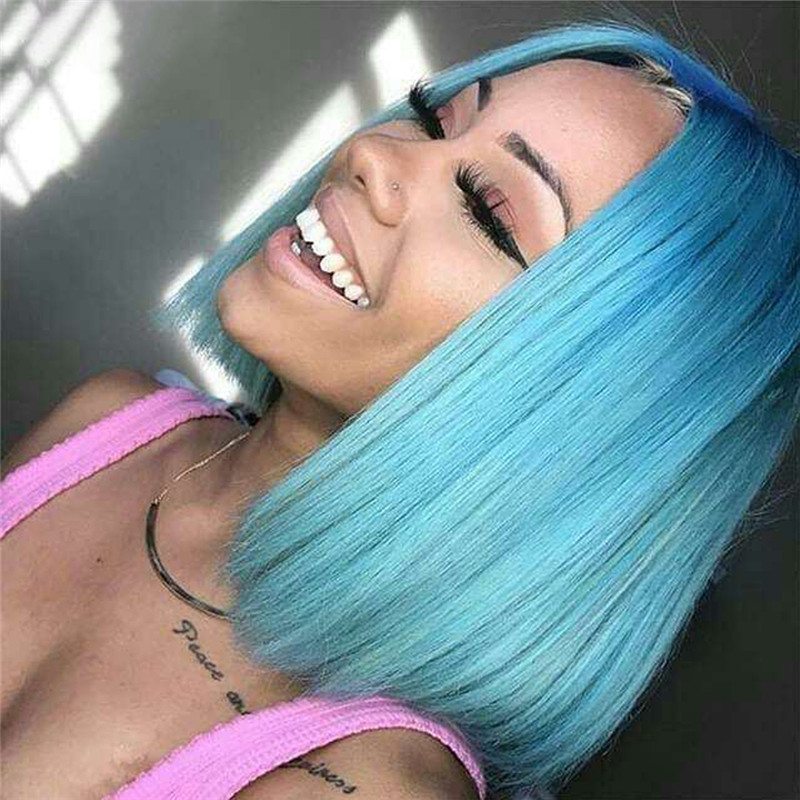150% Straight Pink Ombre Bob Lace Front Wig Brazilian Remy Blue Bob Colored Human Hair Wigs For Women Transparent Lace Wigs - Image 3