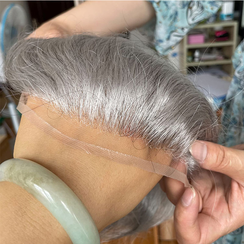 Toupee for Men 100% Human Hair Swiss Lace Front Hair Pieces PU V-looped Men's Hair Replacement System 1B Mixed 80% Grey Hair - Image 4