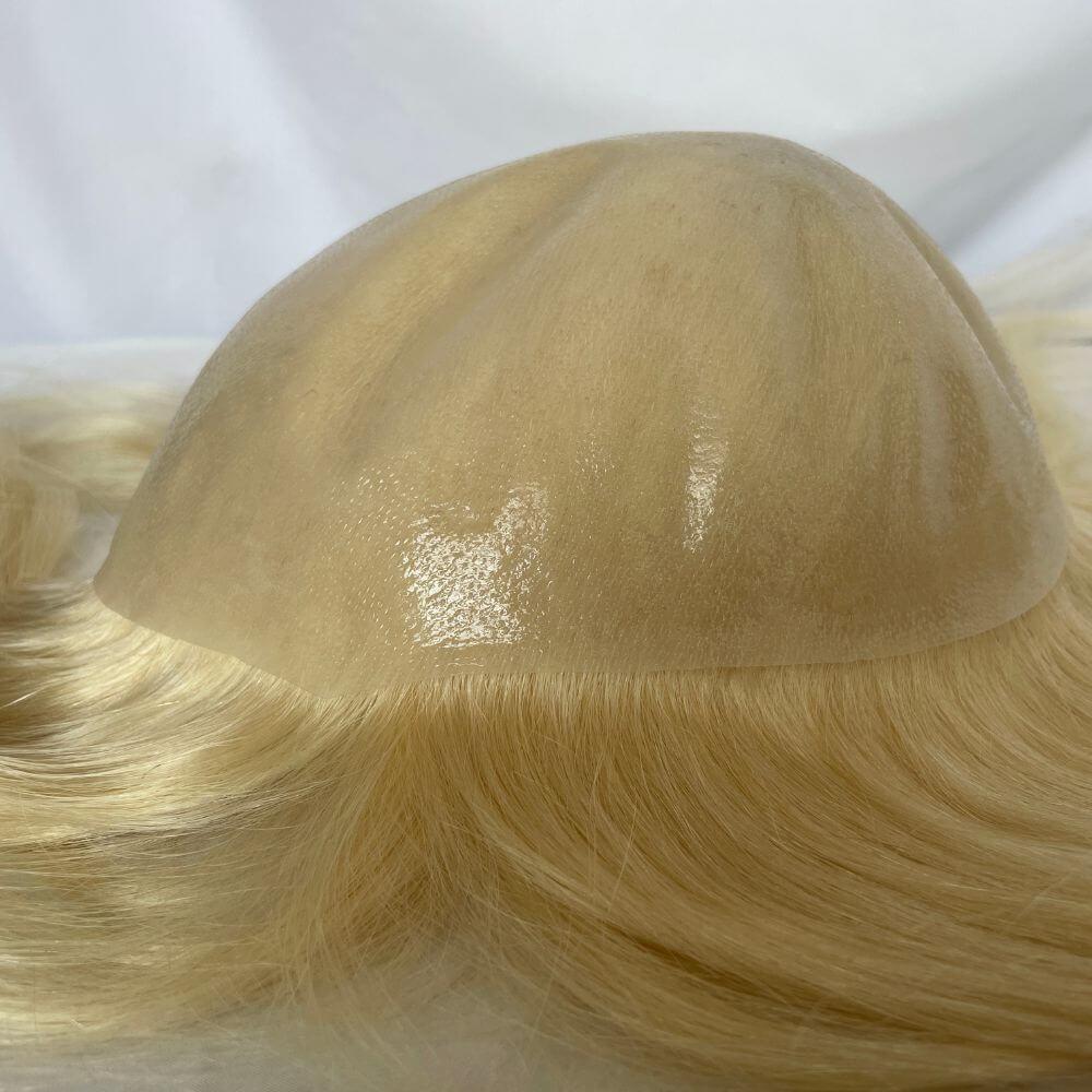 Pwigs Toupee for Men Full Thin Skin PU Cap Base 12inch Long European Human Hair Men Toupee Natural Hairline Hair System 613 Blonde Brown 1B Color Men Wigs - Image 4