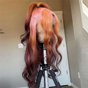 Pink and Brown Ombre Lace Front Wig Body Wave Pre Plucked Brazilian Remy Brown Human Hair Wig Highlight Colored Wigs Transparent Wig - Image 3