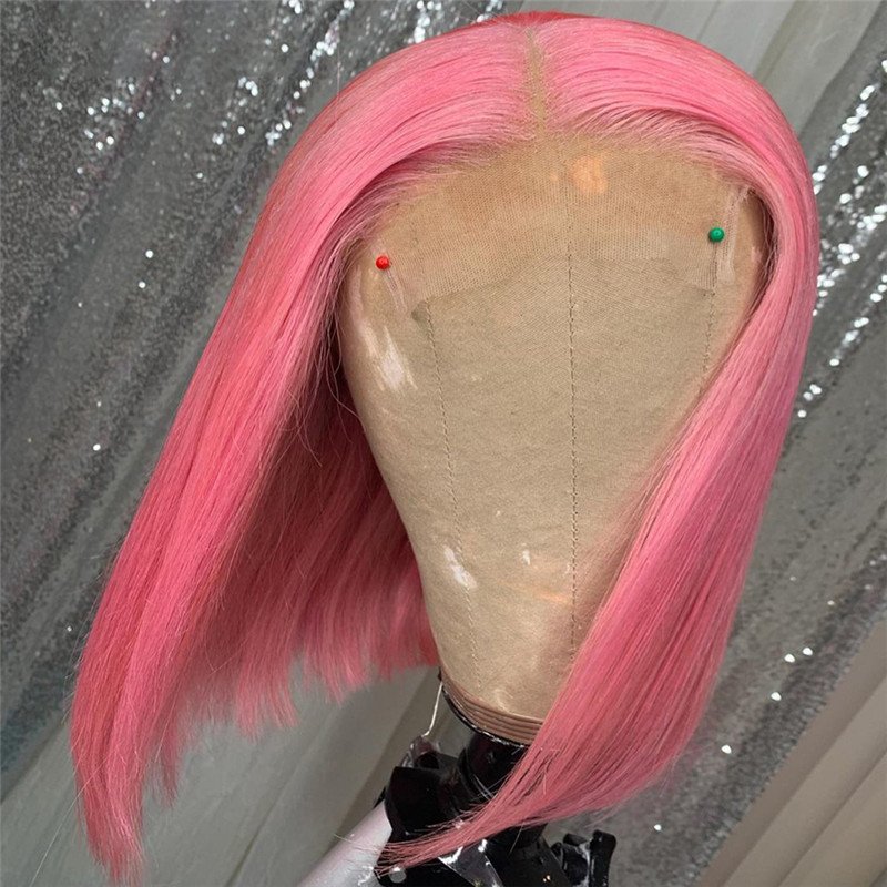 Leather Pink Bob Colored Human Hair Wigs Transparent Peruvian Remy Short Bob Lace Front Wigs Preplucked Closure Wig 150% - Image 2