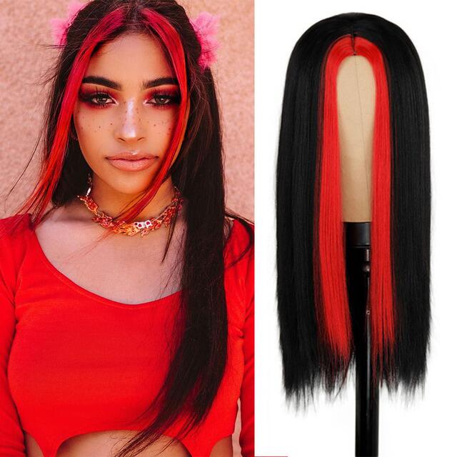 Skunk Stripe Peruvian Hair Lace Front Black Color Red Streak Highlight Wigs Human Hair Lace Front Wigs - Image 8