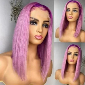 Alternative view of Purple Straight Ombre Pink Short Bob Human Hair Wigs Peruvian Remy Hair Transparent Lace Wigs For Women
