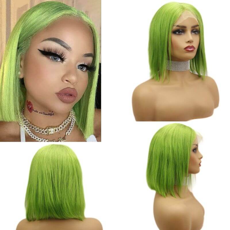 13x4 Lace Frontal Bob Wigs Peruvian Hair Light Green Ombre Color Human Hair Lace Front Bob Wig