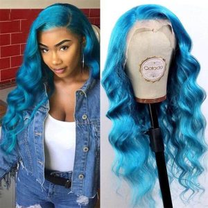 Ombre Lace Frontal Blue Human Hair Wigs For Women Brazilian Remy Colored Wigs Pre Plucked Glueless Wig 150% Body Wave Medium Cap - Image 2