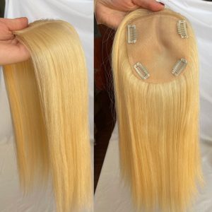 Human Hair Topper For Women Silk Base Closure 10A Virgin Brazilian Human Hair Clips Hair Topper Piano Colors Blonde 16inch Silk Straight Middle Part - Image 6