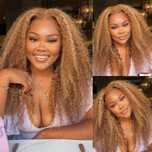 Ombre Honey Blonde Highlight HD Transparent Lace Front Wigs Ombre Color Jerry Curly Human Hair Wigs Pre Plucked 13x4 Lace Front Wigs 150% - Image 3