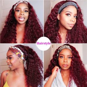 Highlights Headband Wig Human Hair Curly None Lace Front Wigs Deep Wave Natural Human Hair Wig Headband Attached Balayage Black with Auburn Highlights - Image 6