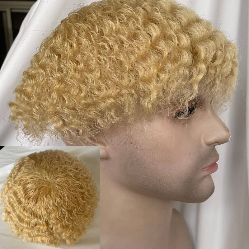 #613 Blonde Mens Wigs Toupees Human Hair Full Lace 360 Weave Curly Man Unit 8x10inch Kinky Curl Toupee for Black Men Swiss Lace Hair System Men Toupee Hair Wigs - Image 4