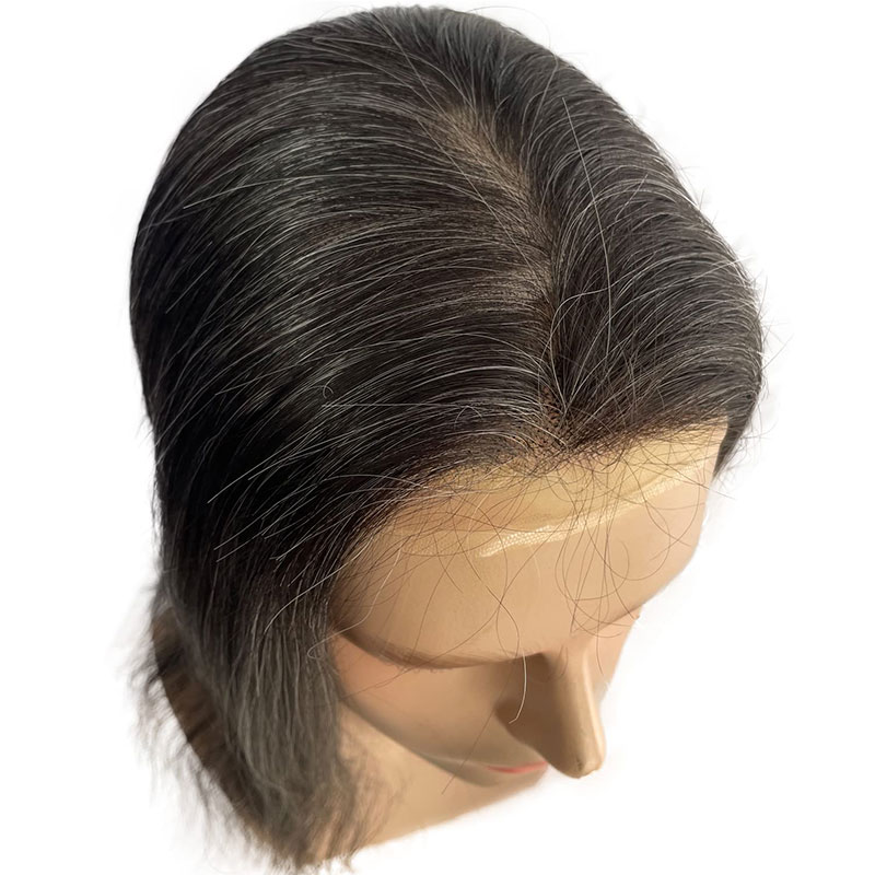 12" Mens Toupee Hair Replacement Systems Swiss Lace Front Natural Hairline Hairpieces Thin Skin PU V-looped 10"x8" Base 1B Black Mixed 20% Grey Synthetic Hair - Image 6