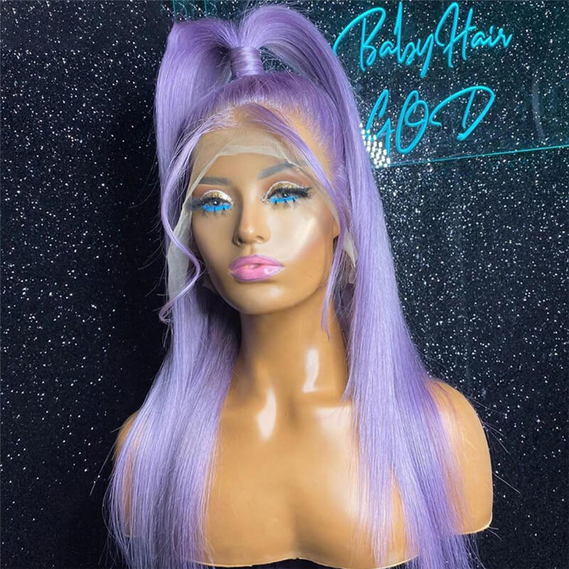 150% Density Straight Purple Lace Front Wig Peruvian Remy Hair Purple Colored Human Hair Wigs For Women Pre Plucked Transparent - Image 4