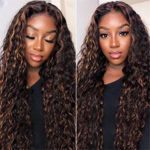 1B/30 Highlight Wave Curly Hd Lace Front Human Hair Wet And Wavy Wigs Pre Plucked T Part Lace Front Human Hair Wigs for Black Women Brazilian Remy Hair Ombre Chocolate Brown Water Wave Frontal Wig